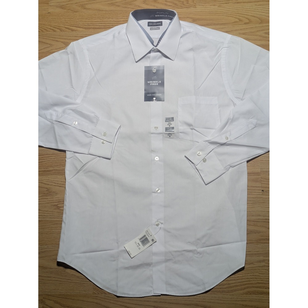Van Heusen Mens Fitted Poplin Wrinkle Free Dress Shirt White 15.5 32/33